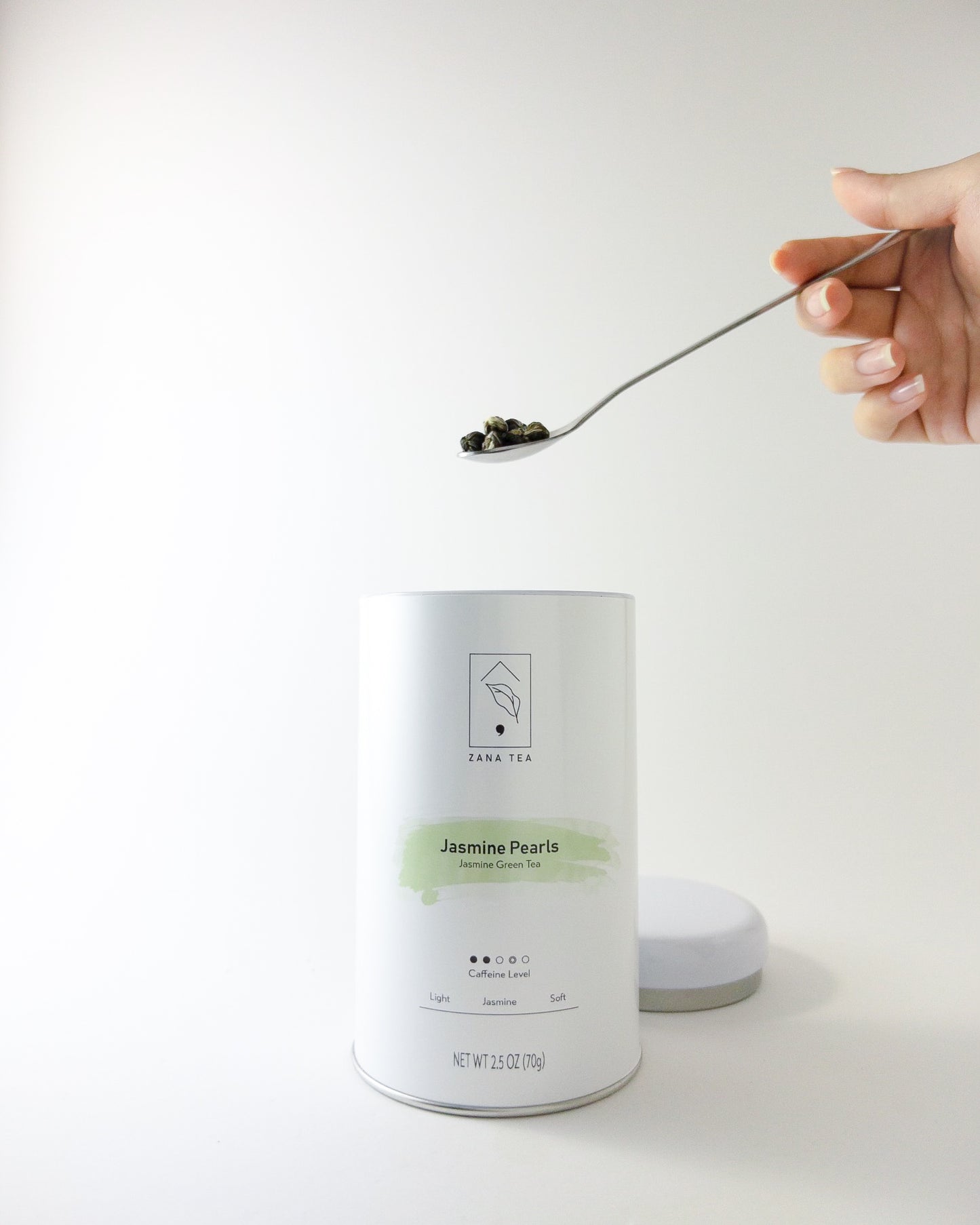 Jasmine Pearls Jasmine Green Tea Tin Can Spoonful of Tea