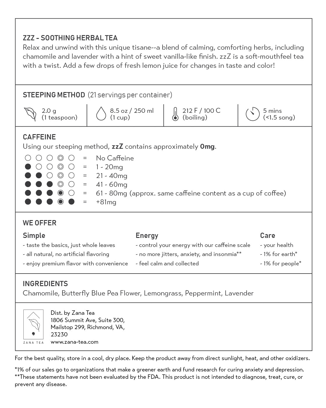 zzZ Soothing Herbal Tea Package Description