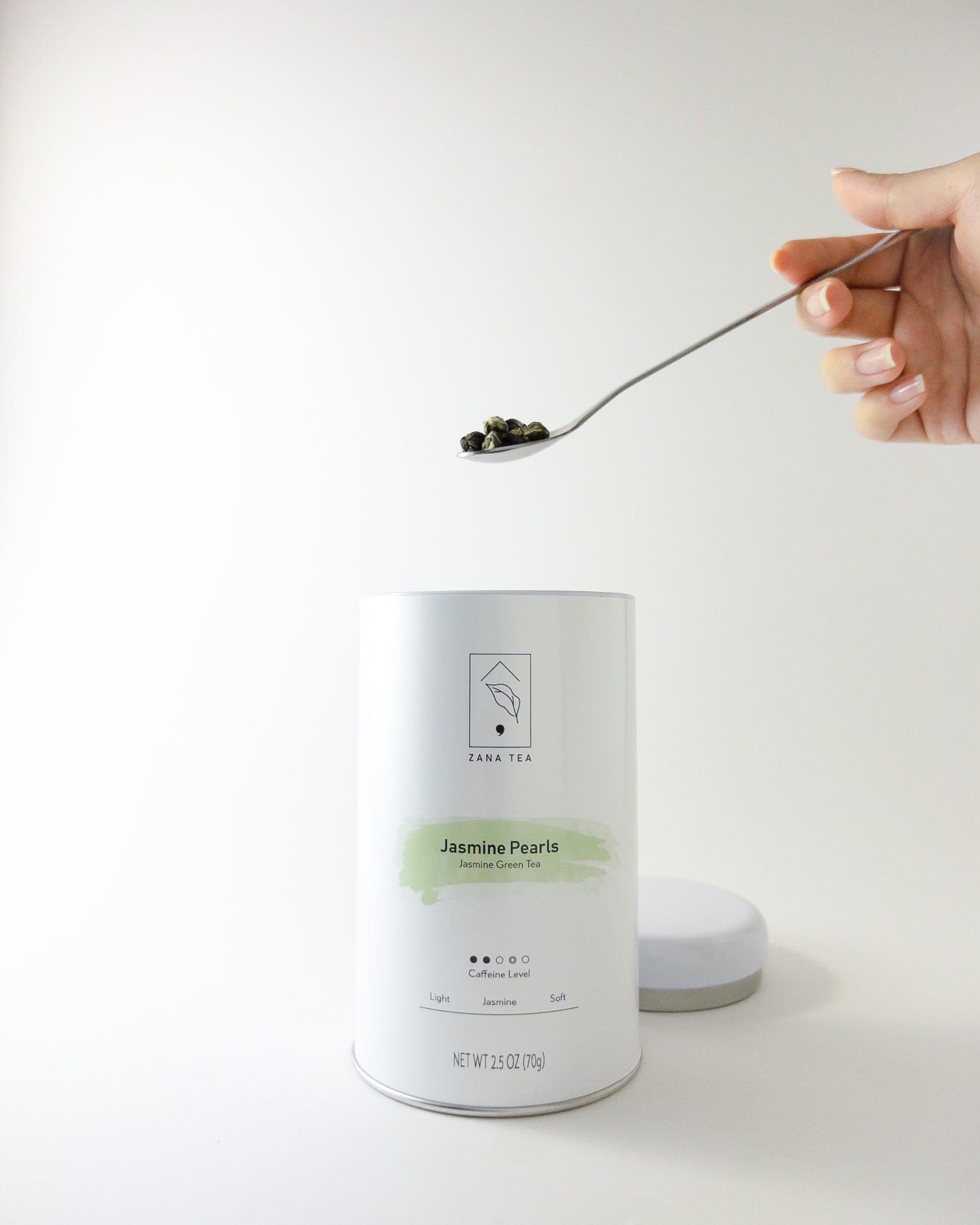 Jasmine Pearls Jasmine Green Tea Tin Can Spoonful of Tea