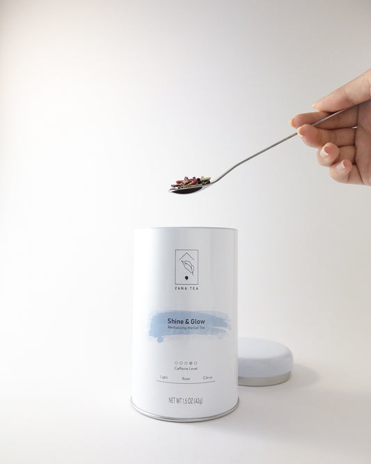 Shine & Glow Revitalizing Herbal Tea Tin Can Spoonful of Tea