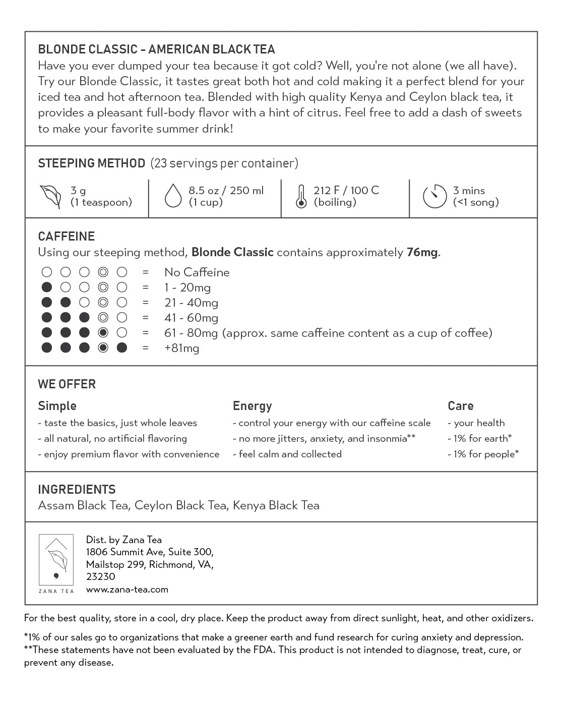 Blonde Classic American Black Tea Package Description