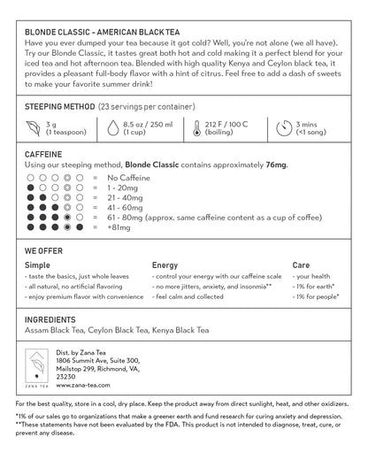 Blonde Classic American Black Tea Package Description