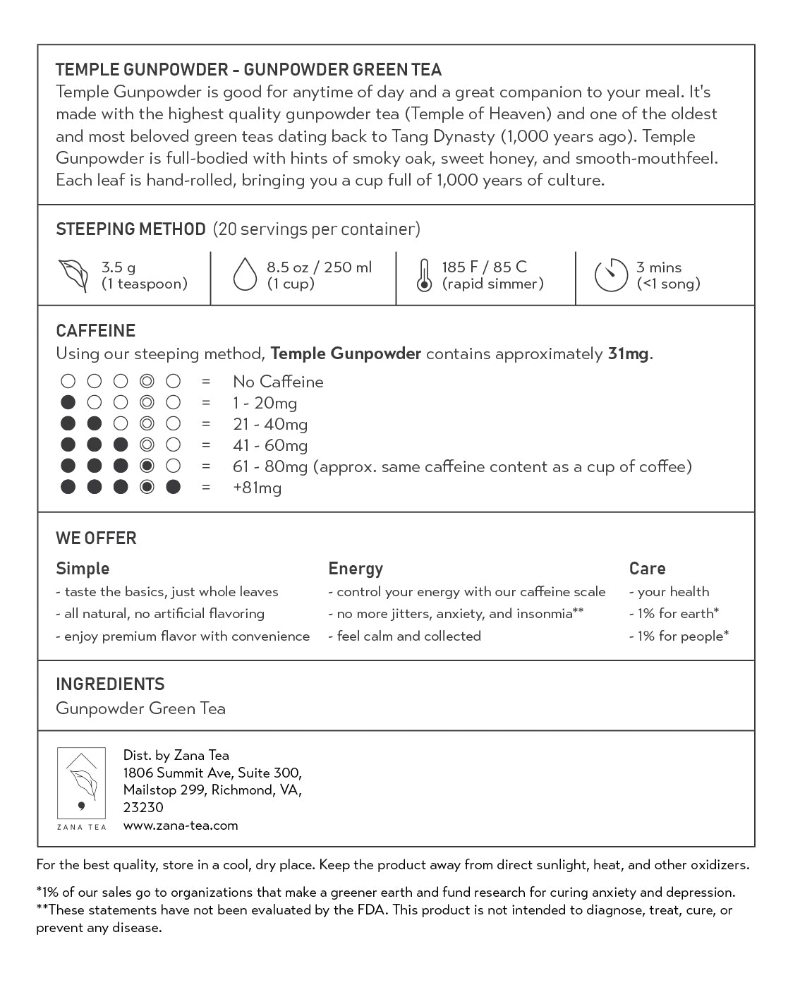 Temple Gunpowder Gunpowder Green Tea Package Description