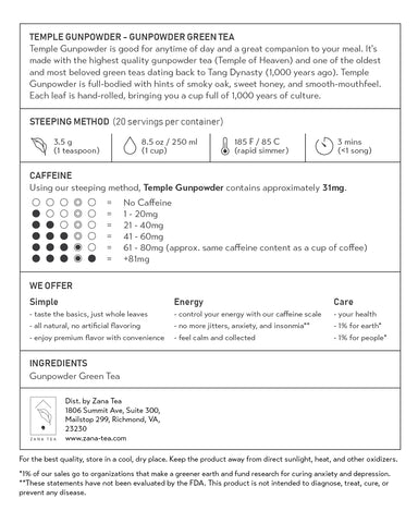 Temple Gunpowder Gunpowder Green Tea Package Description